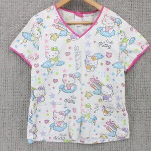 Hello Kitty Scrub Top Womens Medium M Pink All Over Print V Neck Medical Y2k